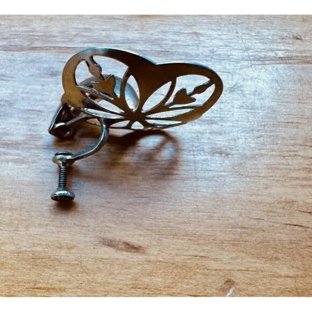 Vintage Sterling Silver Hand Painted‎ Flower Pin Brooch With Screw back Earrings